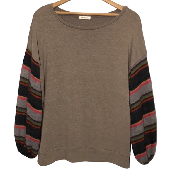 PROMESA | Tan Knit Pullover Semi Sheer Stripe Balloon Sleeves Sweater size Large - Picture 1 of 11